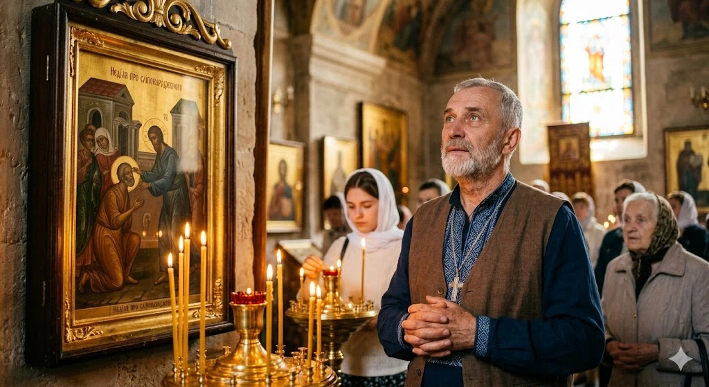 Человек молится в церкви