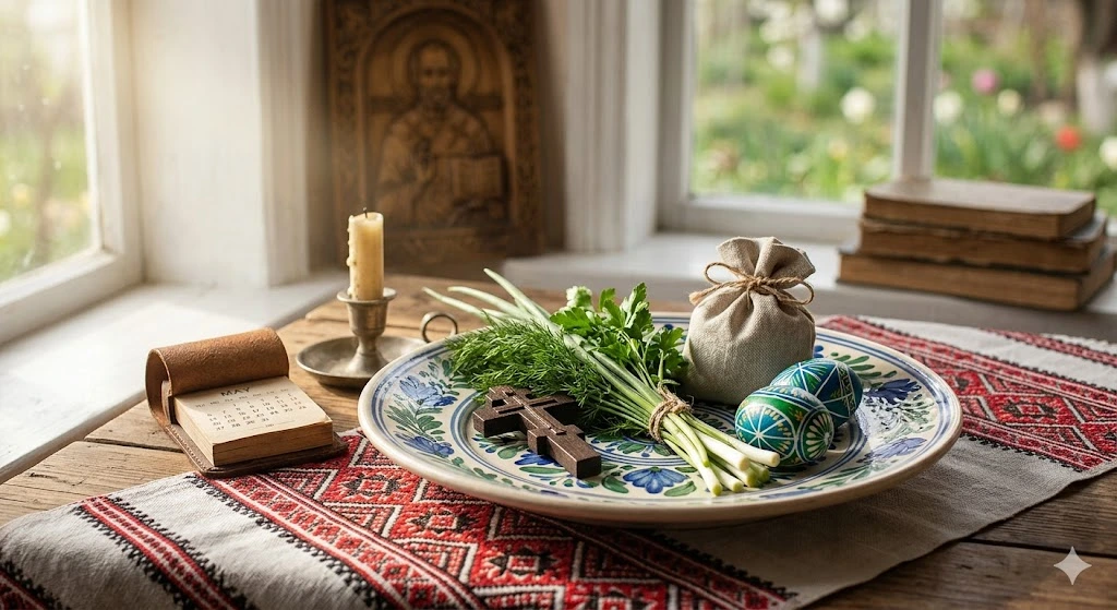 Рушник, писанки, зелень, календарь