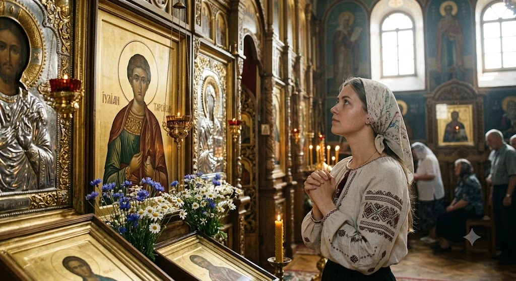 Девушка молится перед иконой