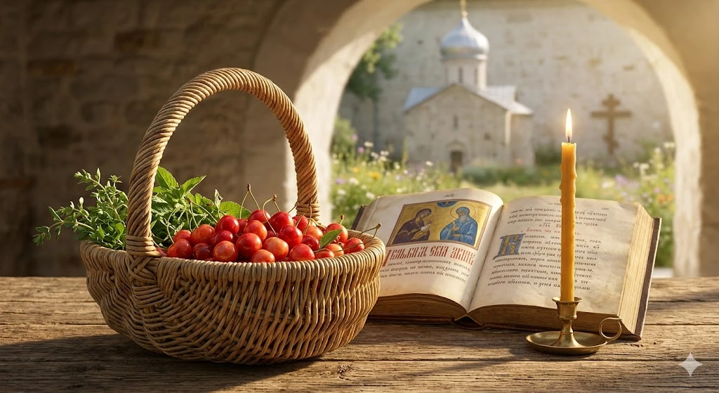 Церковна книга, черешні, свічка