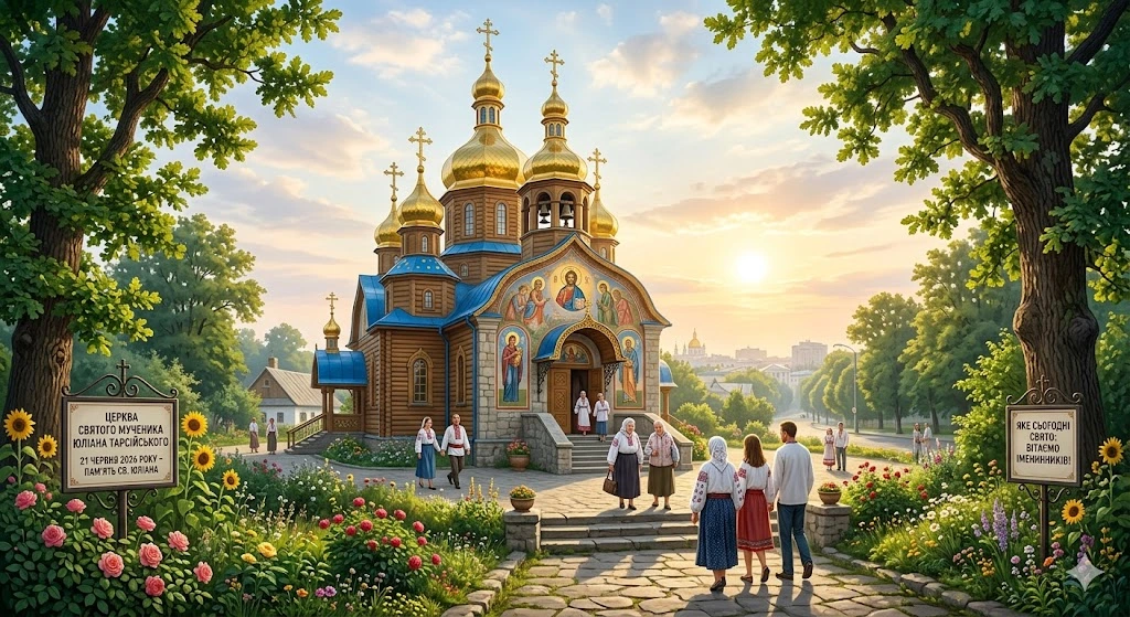 Церква, люди, літній ранок