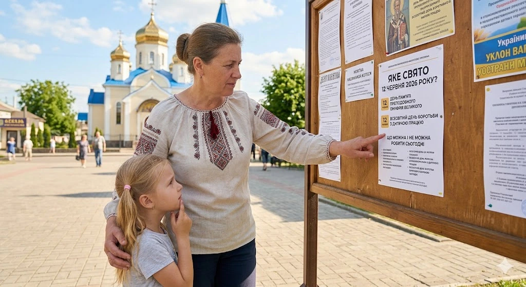 Женщина и девочка у доски объявлений