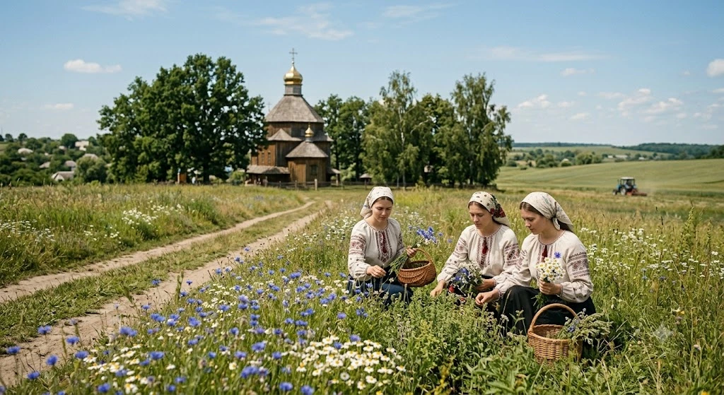 Женщины собирают полевые цветы