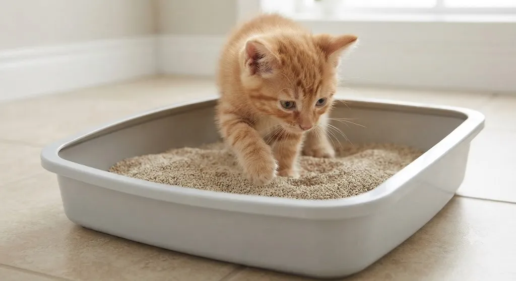 Рыжий котенок в лотке