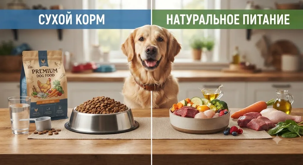 Собака выбирает между кормом и натуральной едой
