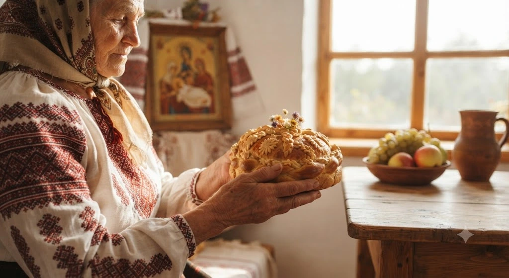 Бабушка держит праздничный хлеб