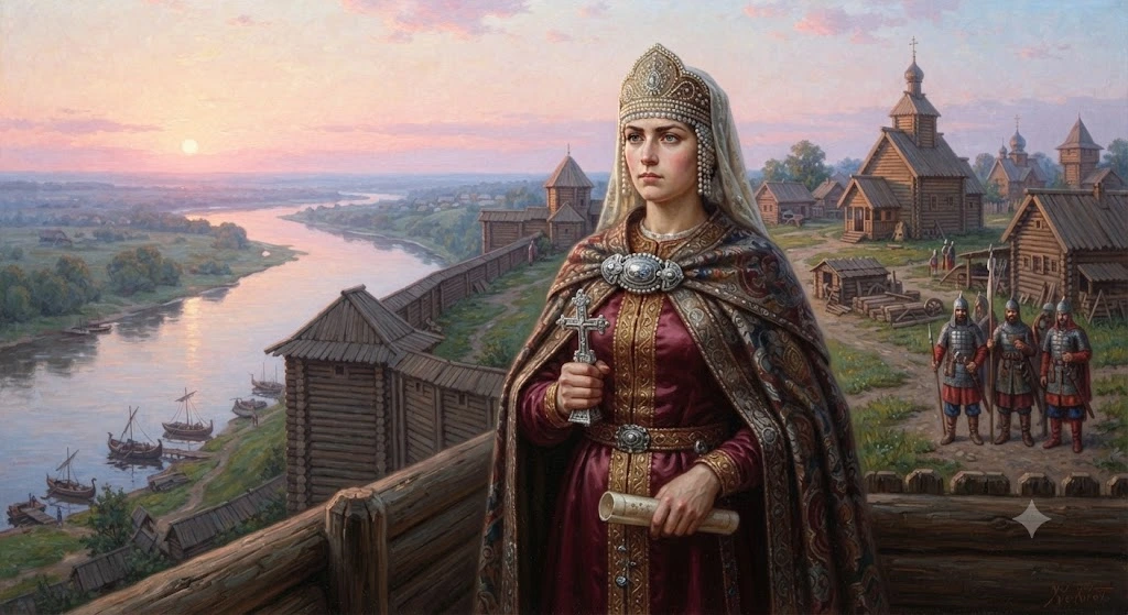 Княгиня Ольга на фоне Киева