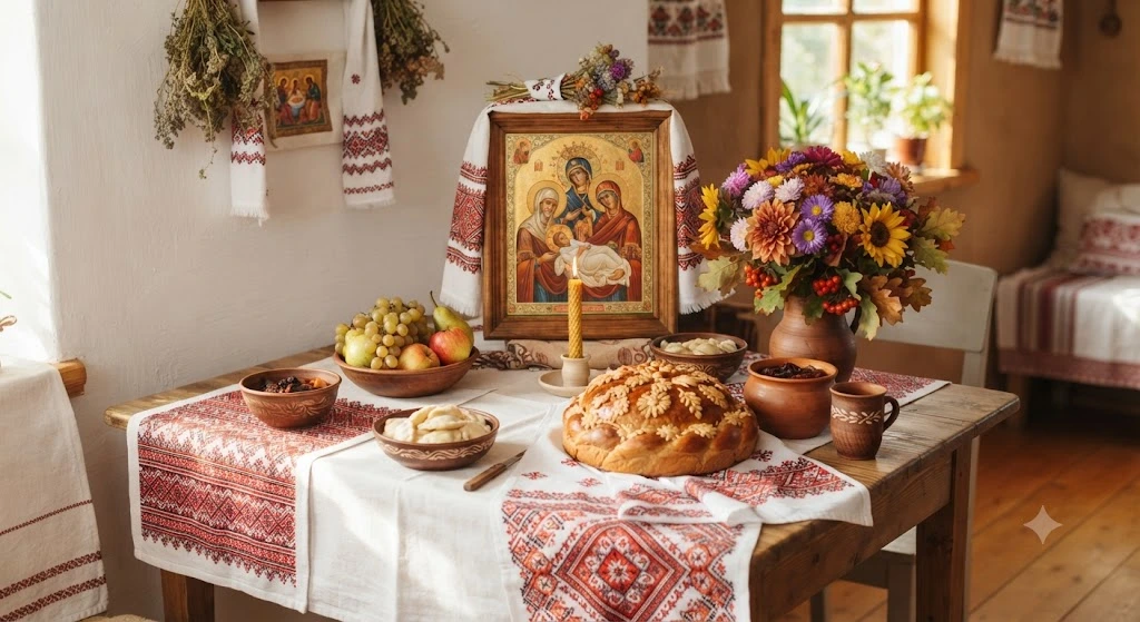 Праздничный стол с иконой и хлебом