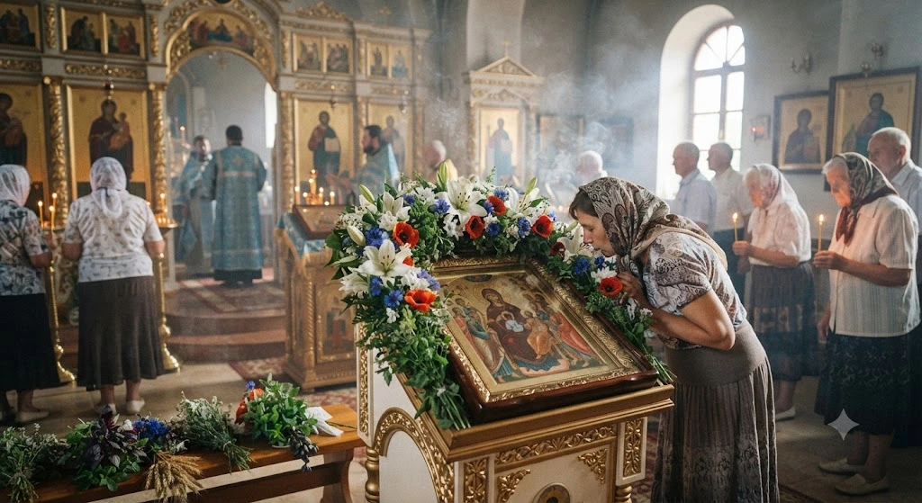 Прихожанка целует икону Успения