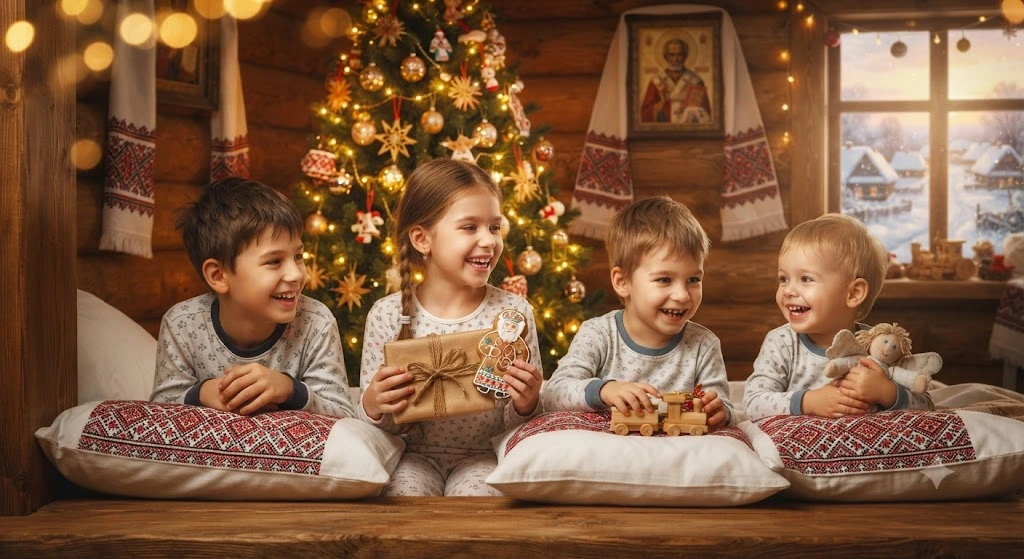 Счастливые дети в пижамах с подарками