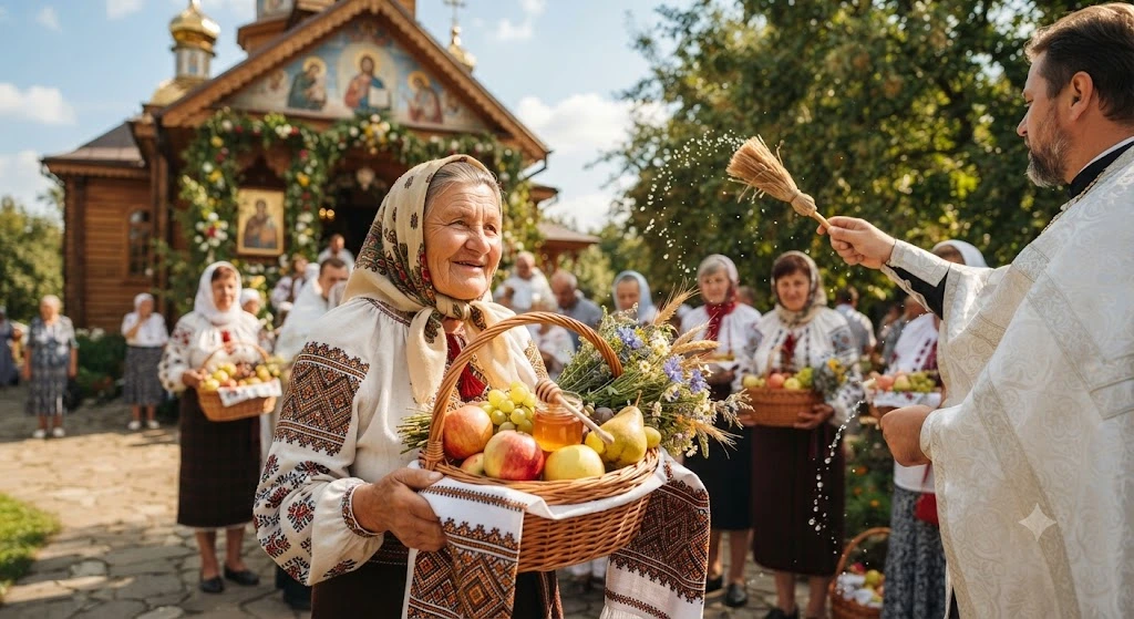 Священник освящает корзины с яблоками