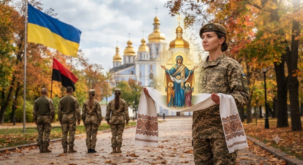 Захисниця з іконою Покрови