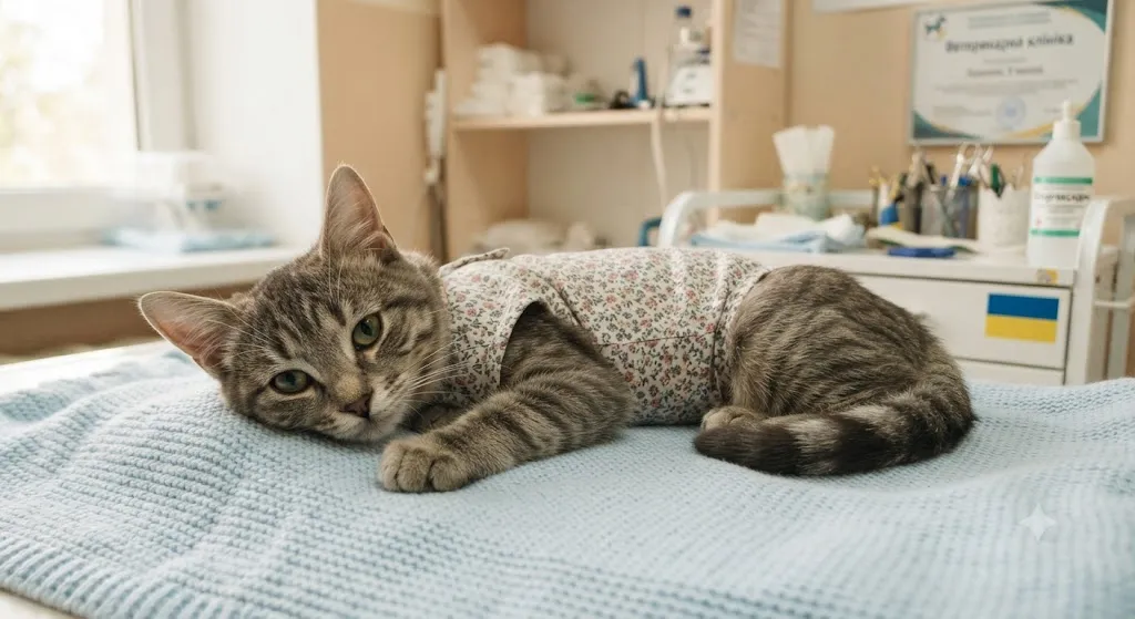 Кот в послеоперационной попоне