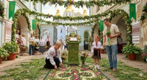 Украшение храма зеленой травой