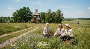 Женщины собирают полевые цветы