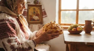 Бабушка держит праздничный хлеб