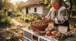 Бабушка с урожаем орехов