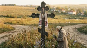 Пожилая женщина у придорожного креста