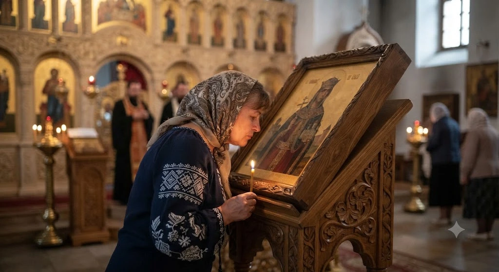 Женщина молится у иконы