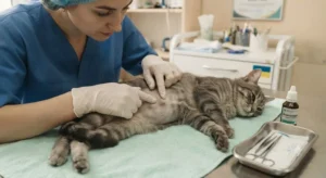 Ветеринар осматривает шов кота